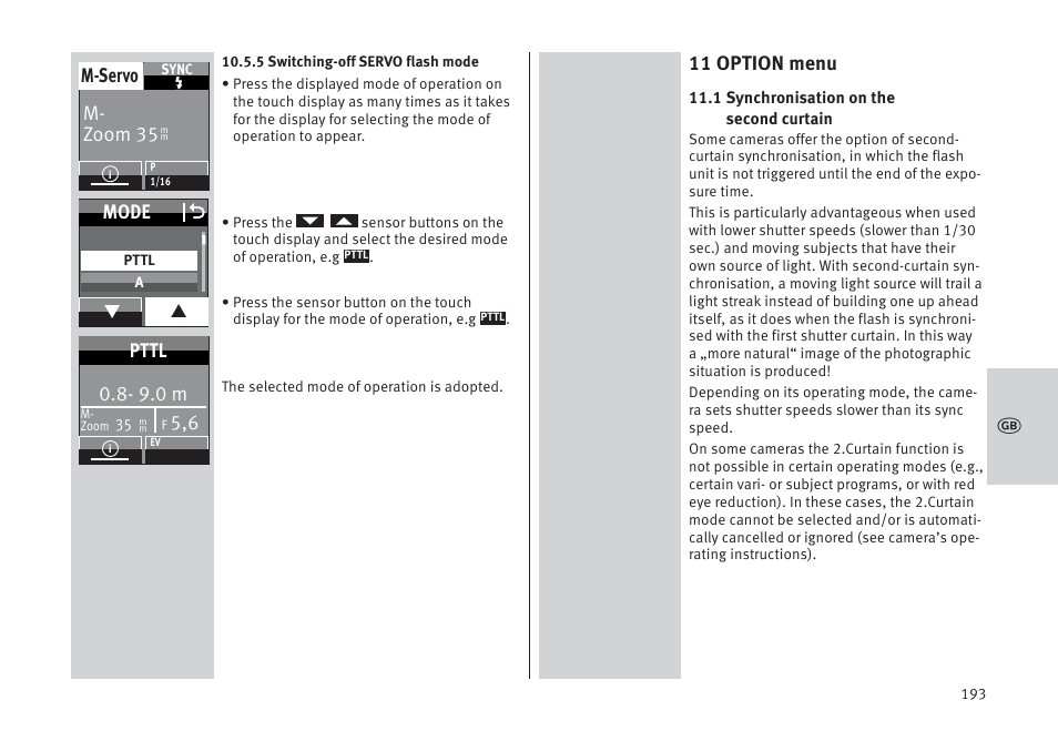 11 option menu, M- zoom 35 m-servo, Mode o | 9.0 m, Pttl | Metz MECABLITZ 64 AF-1 digital Pentax User Manual | Page 193 / 326