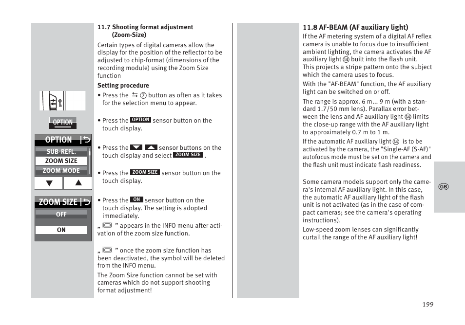 Option o, Zoom size o | Metz MECABLITZ 64 AF-1 digital Pentax User Manual | Page 199 / 326