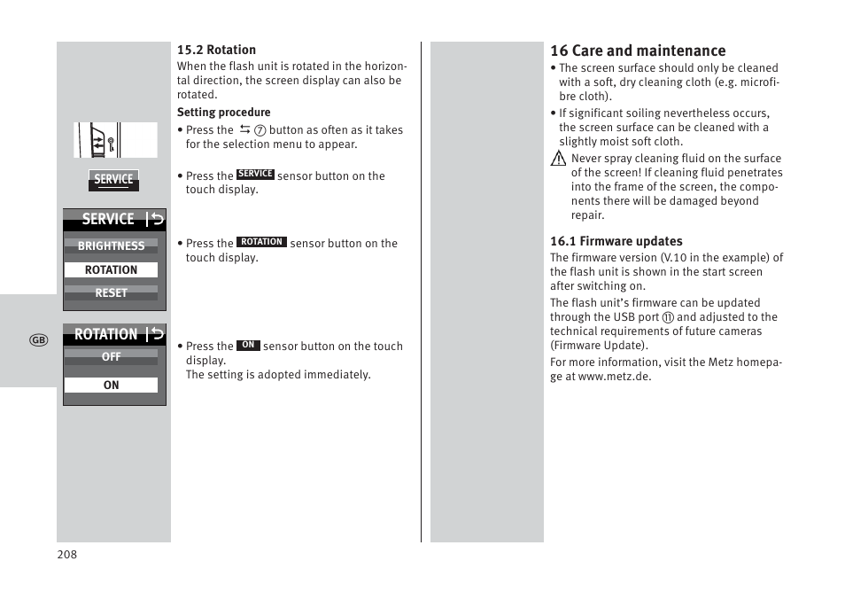 16 care and maintenance, Service o, Rotation o | Metz MECABLITZ 64 AF-1 digital Pentax User Manual | Page 208 / 326