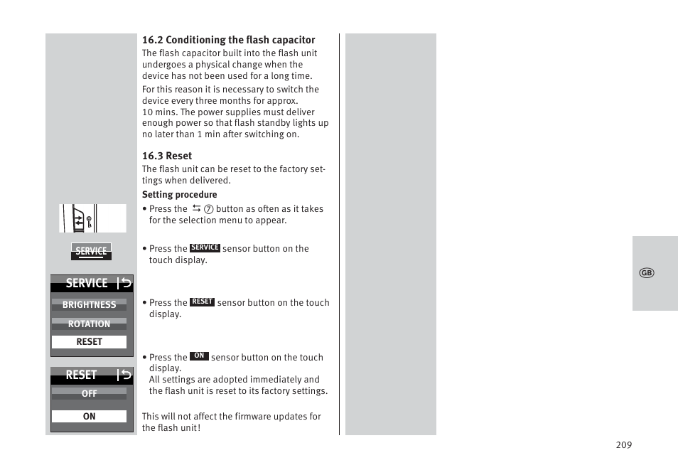 Service o, Reset o | Metz MECABLITZ 64 AF-1 digital Pentax User Manual | Page 209 / 326