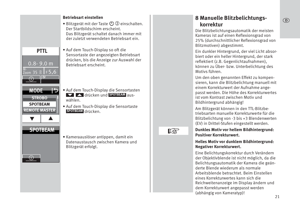 8 manuelle blitzbelichtungs- korrektur, 9.0 m, Pttl | Mode o, Spotbeam | Metz MECABLITZ 64 AF-1 digital Pentax User Manual | Page 21 / 326