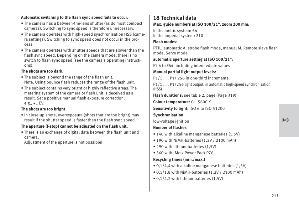 18 technical data | Metz MECABLITZ 64 AF-1 digital Pentax User Manual | Page 211 / 326