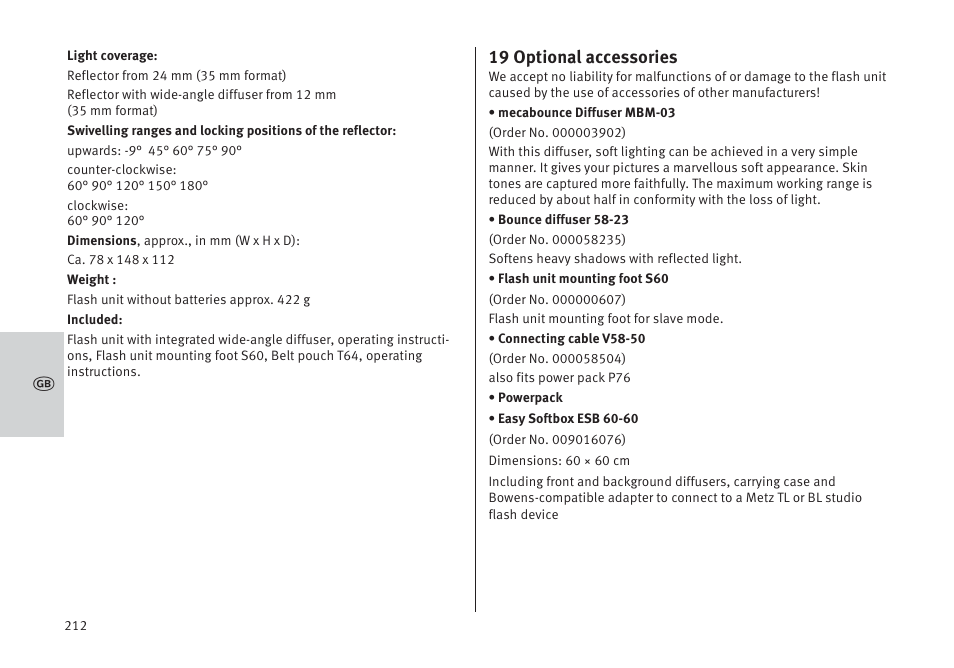 19 optional accessories | Metz MECABLITZ 64 AF-1 digital Pentax User Manual | Page 212 / 326
