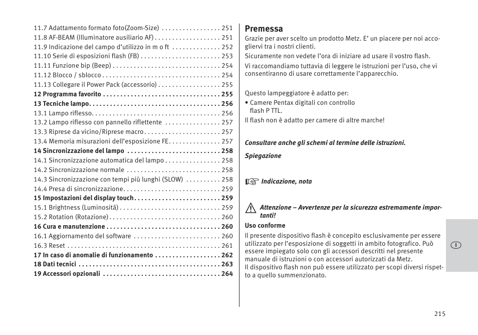 Premessa | Metz MECABLITZ 64 AF-1 digital Pentax User Manual | Page 215 / 326