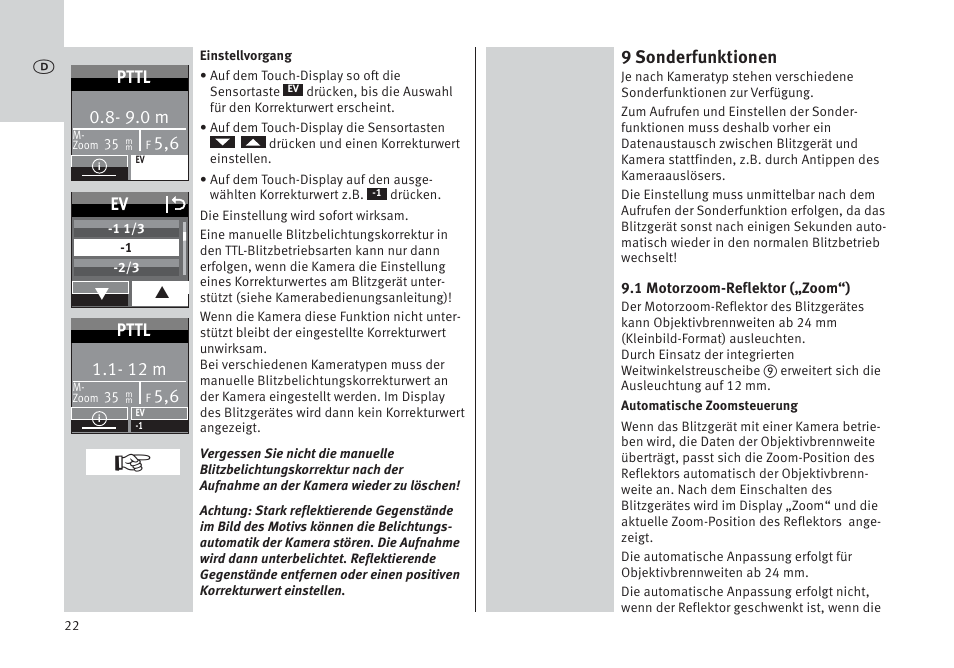 9 sonderfunktionen, 9.0 m, Pttl | Ev o, 12 m | Metz MECABLITZ 64 AF-1 digital Pentax User Manual | Page 22 / 326