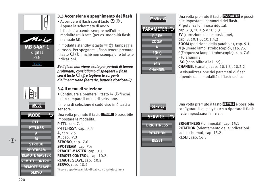 Mb 64af-1, Parameter o, Mode o | Service o | Metz MECABLITZ 64 AF-1 digital Pentax User Manual | Page 220 / 326