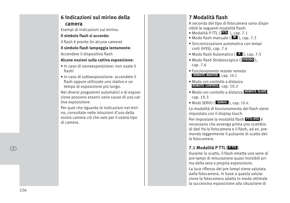 6 indicazioni sul mirino della camera, 7 modalità flash | Metz MECABLITZ 64 AF-1 digital Pentax User Manual | Page 226 / 326