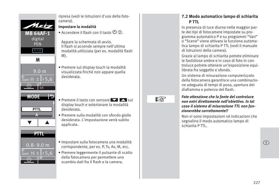 Mb 64af-1, Mode o, 9.0 m | Pttl | Metz MECABLITZ 64 AF-1 digital Pentax User Manual | Page 227 / 326