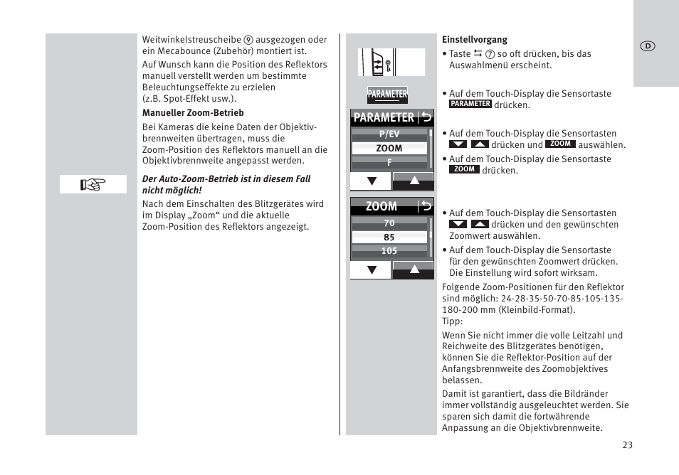 Parameter o, Zoom o | Metz MECABLITZ 64 AF-1 digital Pentax User Manual | Page 23 / 326