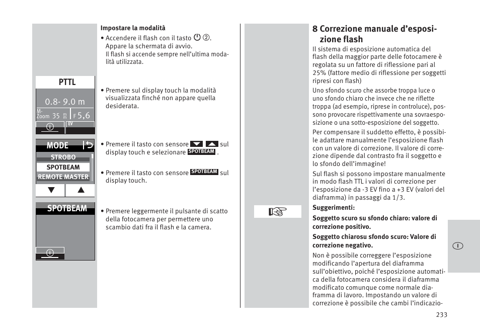 8 correzione manuale d’esposi- zione flash, 9.0 m, Pttl | Mode o, Spotbeam | Metz MECABLITZ 64 AF-1 digital Pentax User Manual | Page 233 / 326