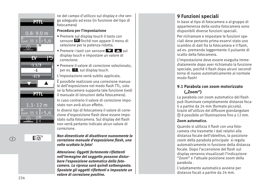 9 funzioni speciali, 9.0 m, Pttl | Ev o, 12 m | Metz MECABLITZ 64 AF-1 digital Pentax User Manual | Page 234 / 326