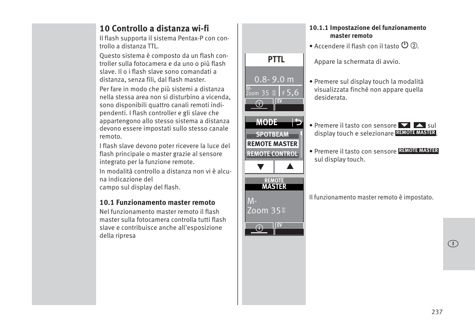10 controllo a distanza wi-fi, Mode o, 9.0 m | Pttl, M- zoom 35 | Metz MECABLITZ 64 AF-1 digital Pentax User Manual | Page 237 / 326
