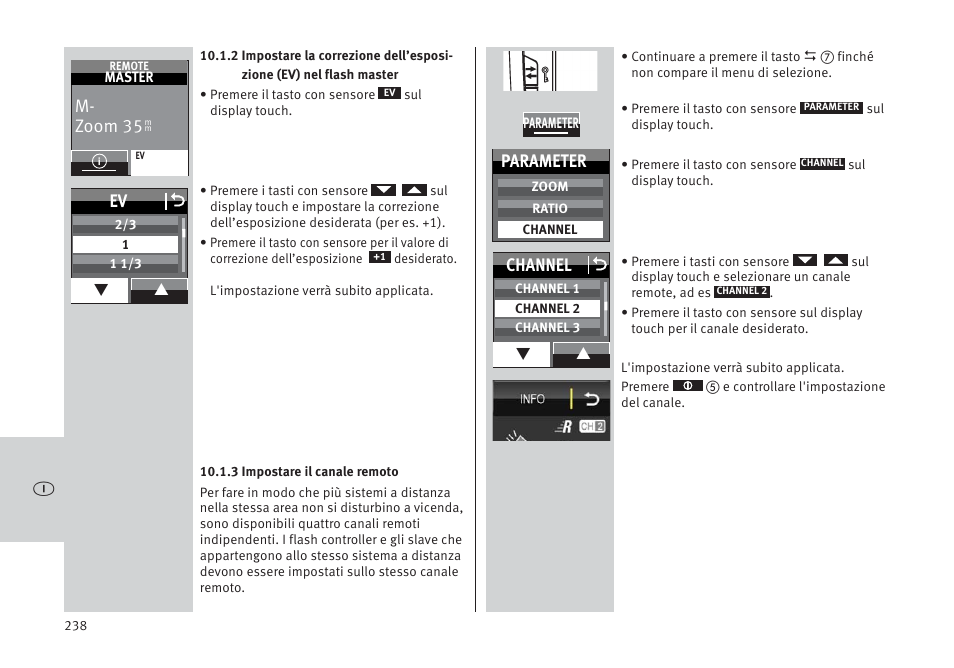 M- zoom 35, Ev o, Parameter | Channel o | Metz MECABLITZ 64 AF-1 digital Pentax User Manual | Page 238 / 326