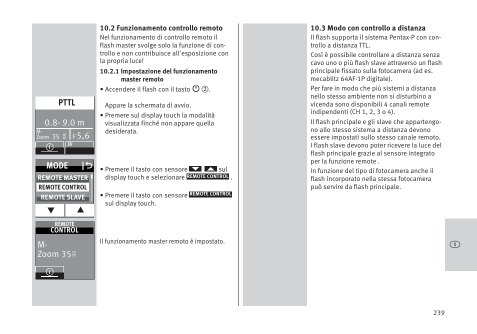 Mode o, 9.0 m, Pttl | M- zoom 35 | Metz MECABLITZ 64 AF-1 digital Pentax User Manual | Page 239 / 326