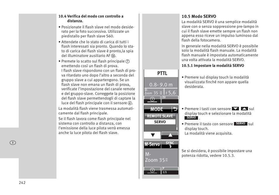 Mode o, M- zoom 35 m-servo, 9.0 m | Pttl | Metz MECABLITZ 64 AF-1 digital Pentax User Manual | Page 242 / 326