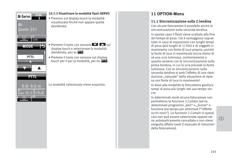 11 option-menu, M- zoom 35 m-servo, Mode o | 9.0 m, Pttl | Metz MECABLITZ 64 AF-1 digital Pentax User Manual | Page 245 / 326