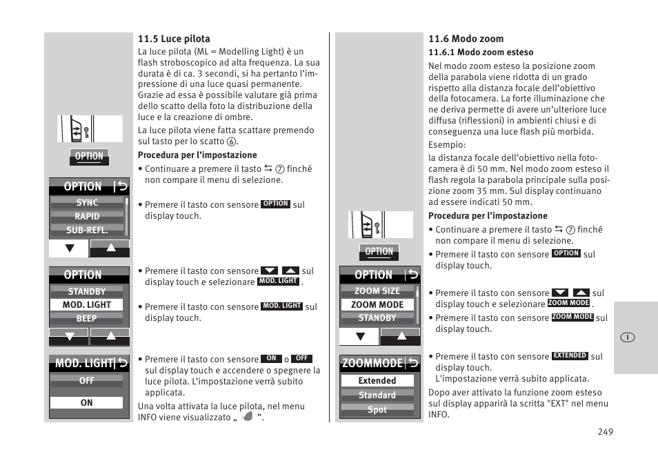 Mod. light o, Option o, Option | Zoommode o | Metz MECABLITZ 64 AF-1 digital Pentax User Manual | Page 249 / 326