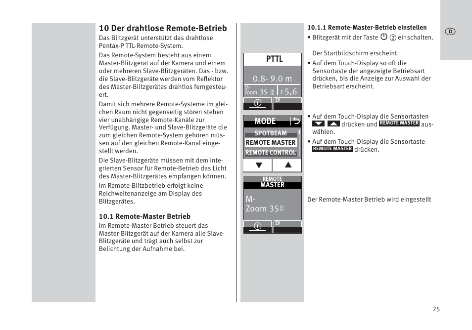 10 der drahtlose remote-betrieb, Mode o, 9.0 m | Pttl, M- zoom 35 | Metz MECABLITZ 64 AF-1 digital Pentax User Manual | Page 25 / 326