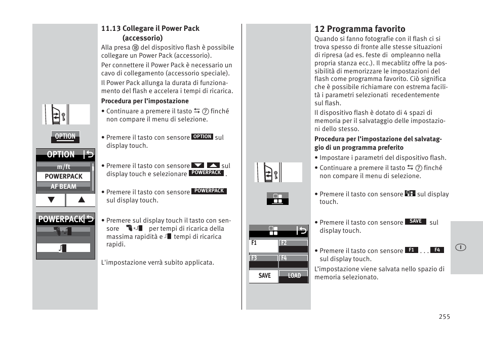 12 programma favorito, Powerpack o option o | Metz MECABLITZ 64 AF-1 digital Pentax User Manual | Page 255 / 326