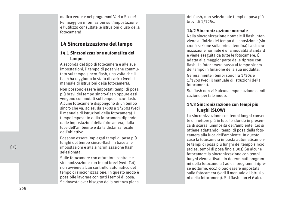 14 sincronizzazione del lampo | Metz MECABLITZ 64 AF-1 digital Pentax User Manual | Page 258 / 326