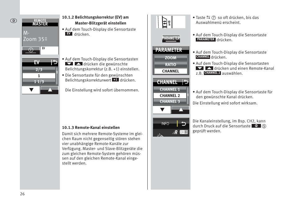 M- zoom 35, Ev o, Parameter | Channel o | Metz MECABLITZ 64 AF-1 digital Pentax User Manual | Page 26 / 326