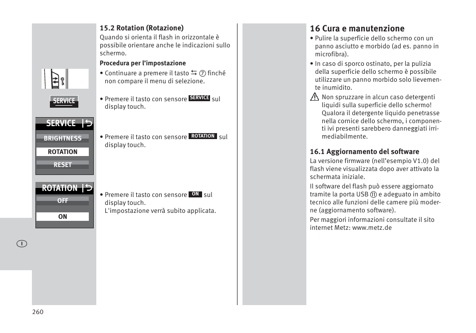 16 cura e manutenzione, Service o, Rotation o | Metz MECABLITZ 64 AF-1 digital Pentax User Manual | Page 260 / 326