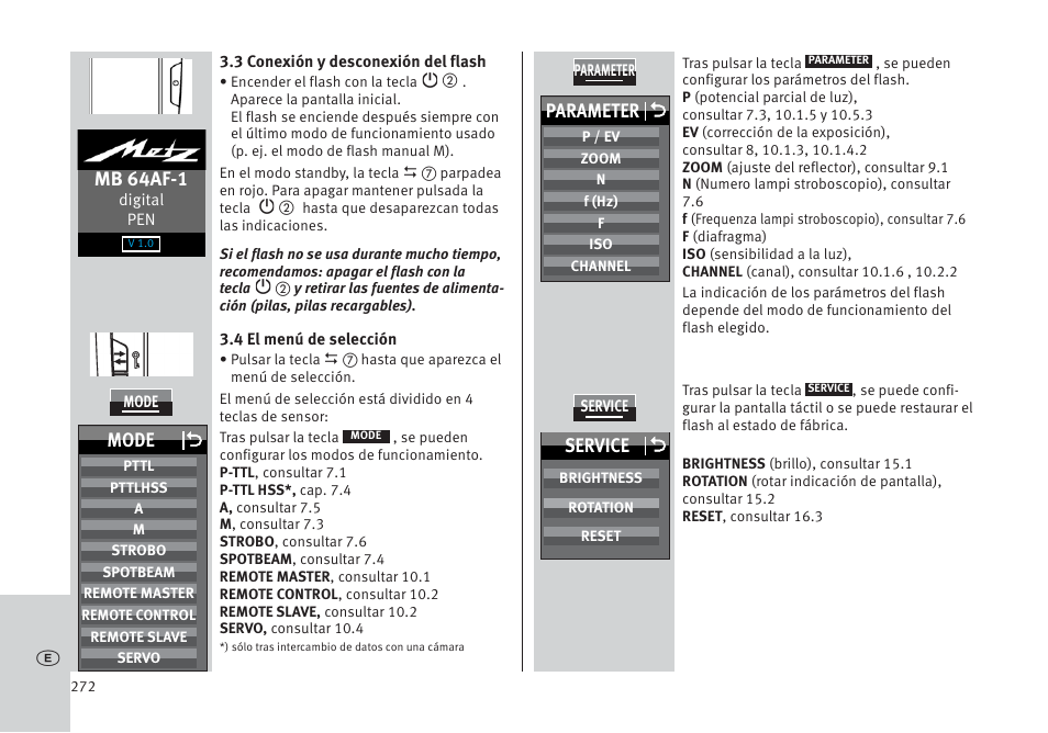 Mb 64af-1, Parameter o, Mode o | Service o | Metz MECABLITZ 64 AF-1 digital Pentax User Manual | Page 272 / 326