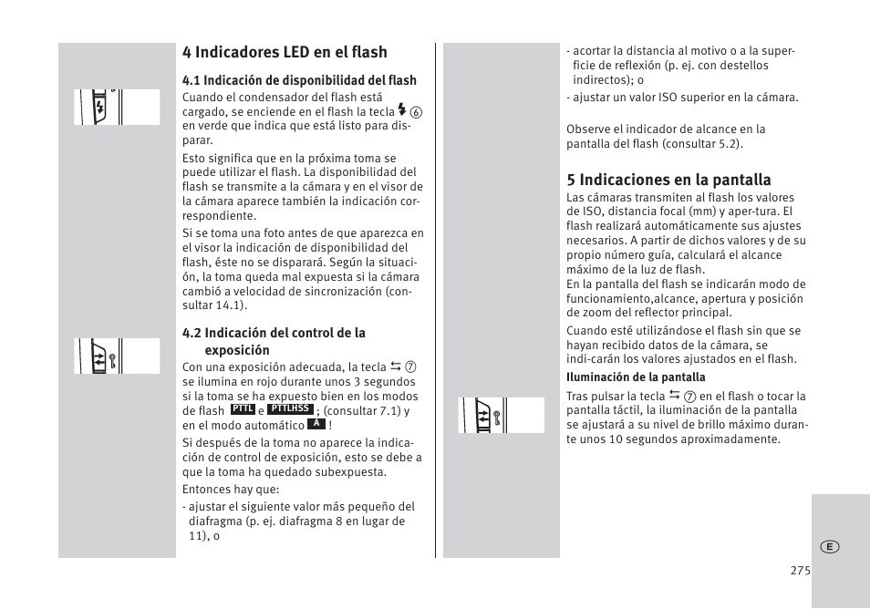 4 indicadores led en el flash, 5 indicaciones en la pantalla | Metz MECABLITZ 64 AF-1 digital Pentax User Manual | Page 275 / 326