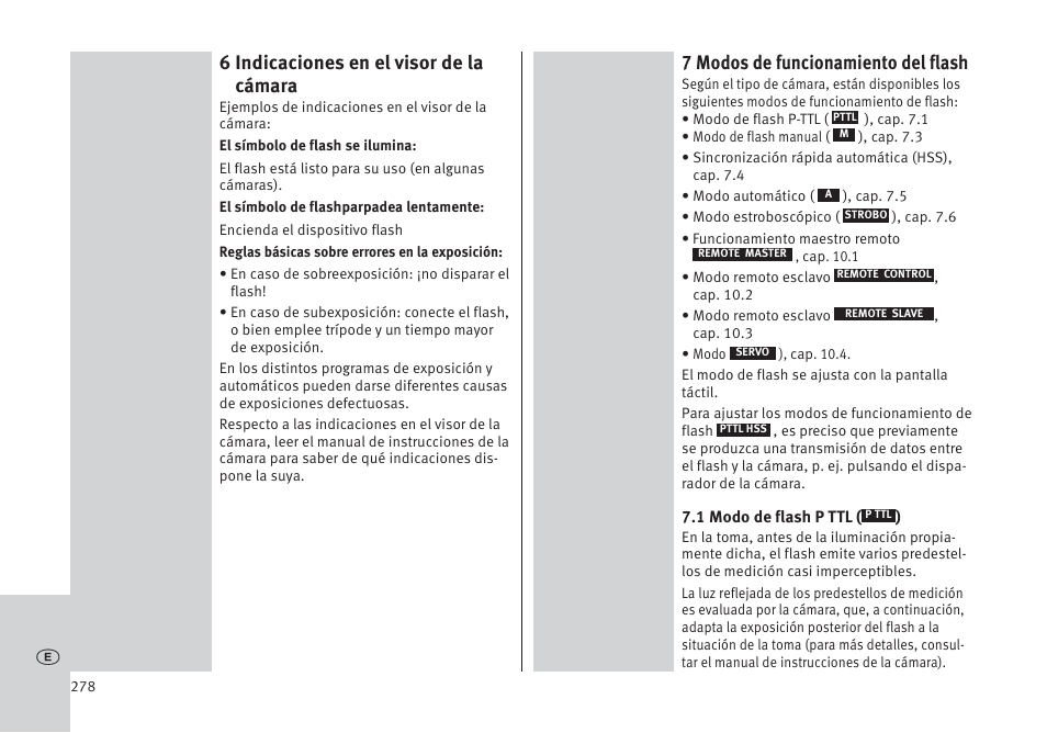6 indicaciones en el visor de la cámara, 7 modos de funcionamiento del flash | Metz MECABLITZ 64 AF-1 digital Pentax User Manual | Page 278 / 326
