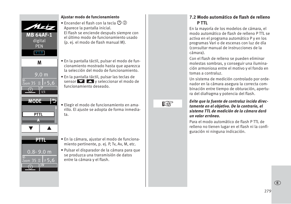 Mb 64af-1, Mode o, 9.0 m | Pttl | Metz MECABLITZ 64 AF-1 digital Pentax User Manual | Page 279 / 326