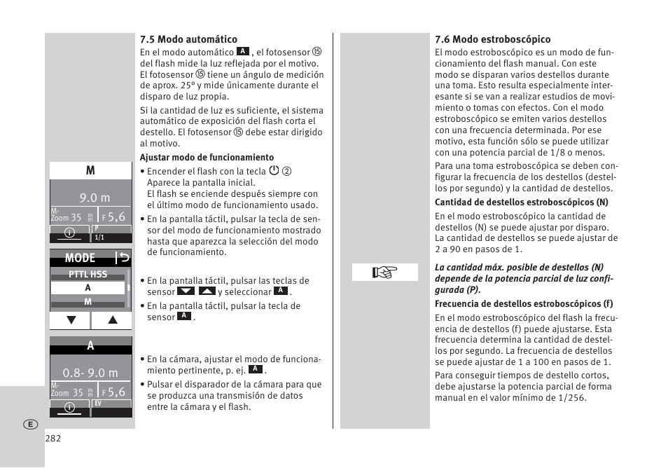 Mode o, 9.0 m | Metz MECABLITZ 64 AF-1 digital Pentax User Manual | Page 282 / 326