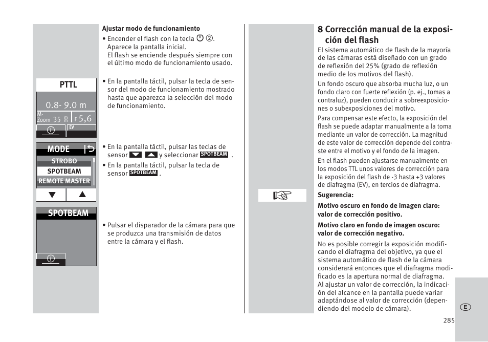 8 corrección manual de la exposi- ción del flash, 9.0 m, Pttl | Mode o, Spotbeam | Metz MECABLITZ 64 AF-1 digital Pentax User Manual | Page 285 / 326