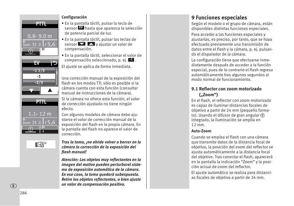 9 funciones especiales, 9.0 m, Pttl | Ev o, 12 m | Metz MECABLITZ 64 AF-1 digital Pentax User Manual | Page 286 / 326