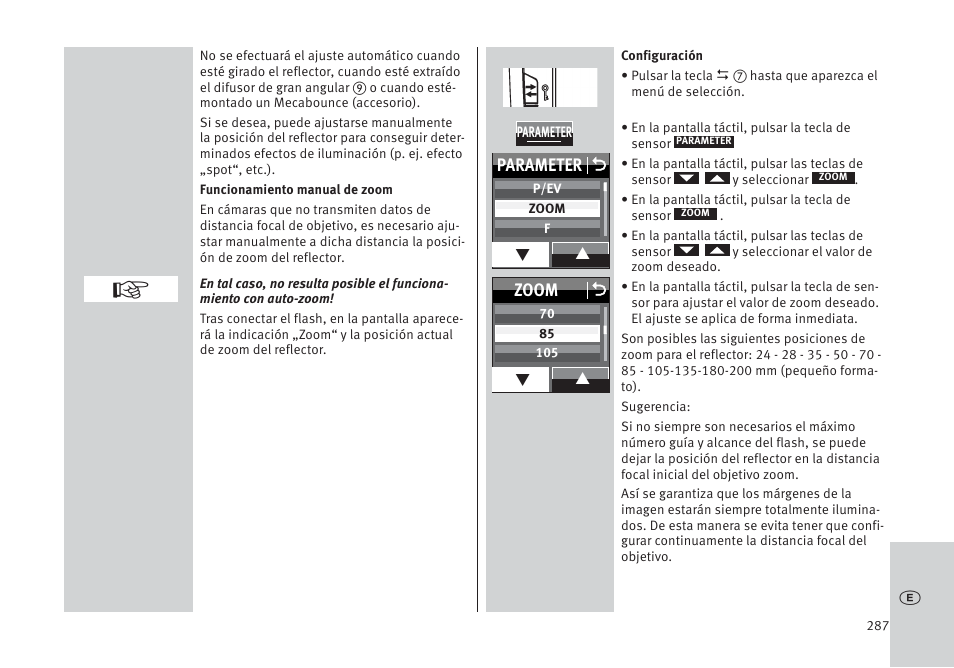 Parameter o, Zoom o | Metz MECABLITZ 64 AF-1 digital Pentax User Manual | Page 287 / 326