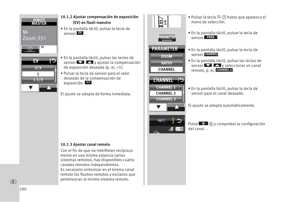 M- zoom 35, Ev o, Parameter | Channel o | Metz MECABLITZ 64 AF-1 digital Pentax User Manual | Page 290 / 326