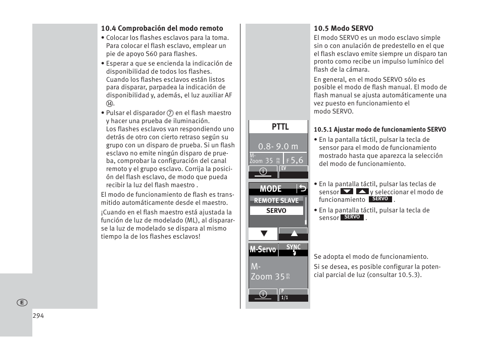 Mode o, M- zoom 35 m-servo, 9.0 m | Pttl | Metz MECABLITZ 64 AF-1 digital Pentax User Manual | Page 294 / 326