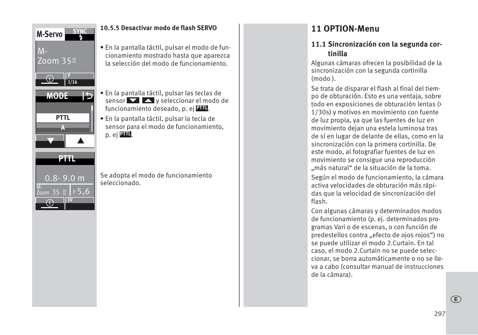 11 option-menu, M- zoom 35 m-servo, Mode o | 9.0 m, Pttl | Metz MECABLITZ 64 AF-1 digital Pentax User Manual | Page 297 / 326