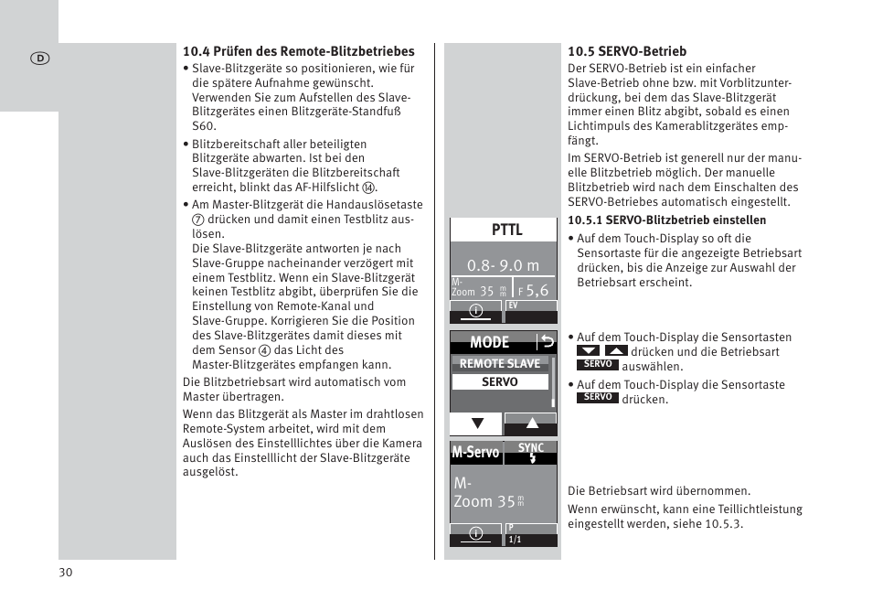 Mode o, M- zoom 35 m-servo, 9.0 m | Pttl | Metz MECABLITZ 64 AF-1 digital Pentax User Manual | Page 30 / 326
