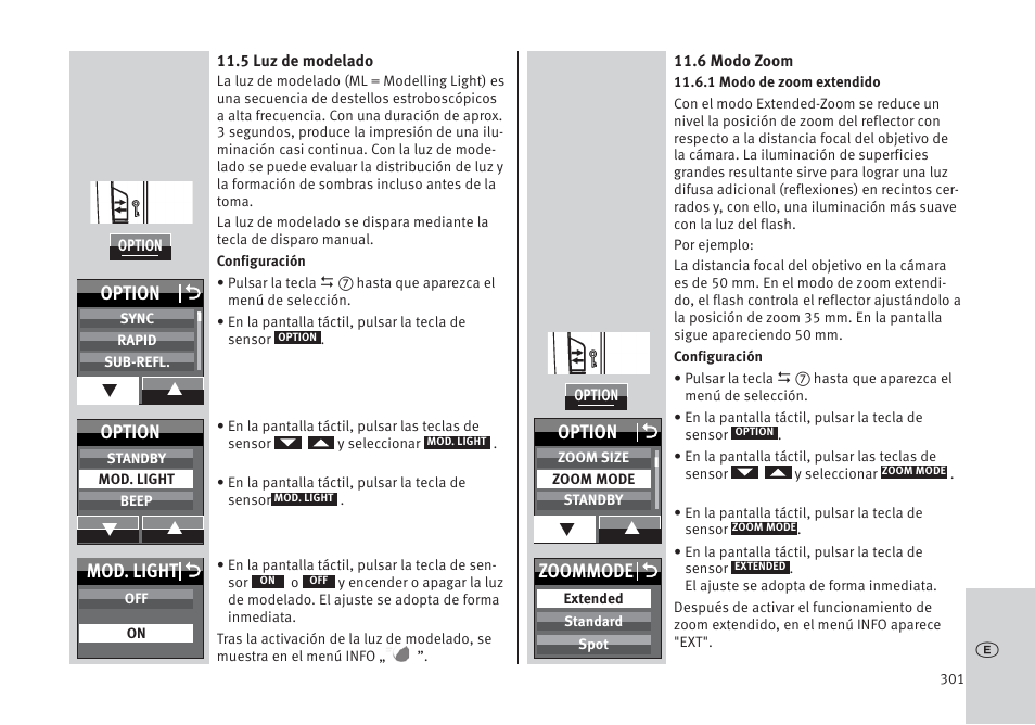 Mod. light o, Option o, Option | Zoommode o | Metz MECABLITZ 64 AF-1 digital Pentax User Manual | Page 301 / 326