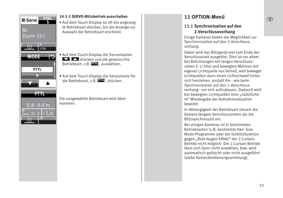 11 option-menü, M- zoom 35 m-servo, Mode o | 9.0 m, Pttl | Metz MECABLITZ 64 AF-1 digital Pentax User Manual | Page 33 / 326