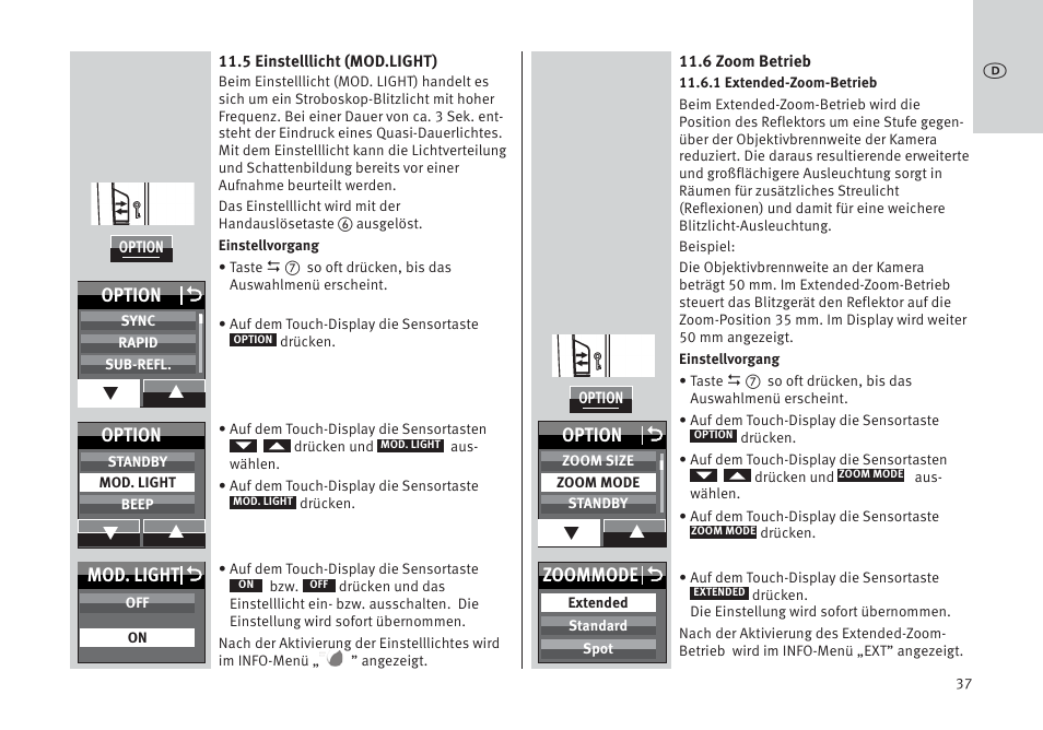 Mod. light o, Option o, Option | Zoommode o | Metz MECABLITZ 64 AF-1 digital Pentax User Manual | Page 37 / 326