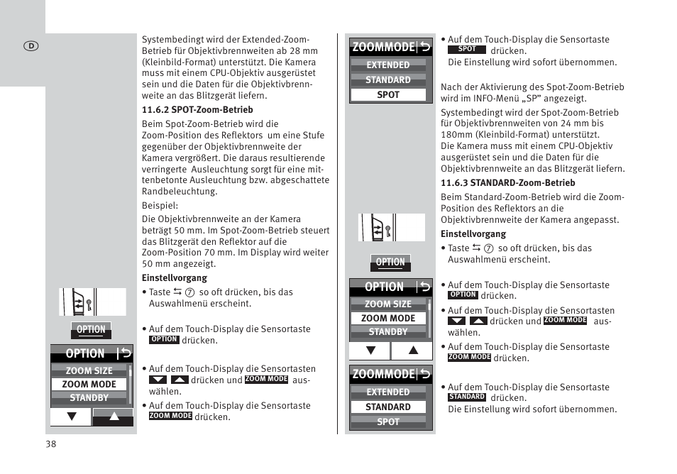 Option o, Zoommode o | Metz MECABLITZ 64 AF-1 digital Pentax User Manual | Page 38 / 326