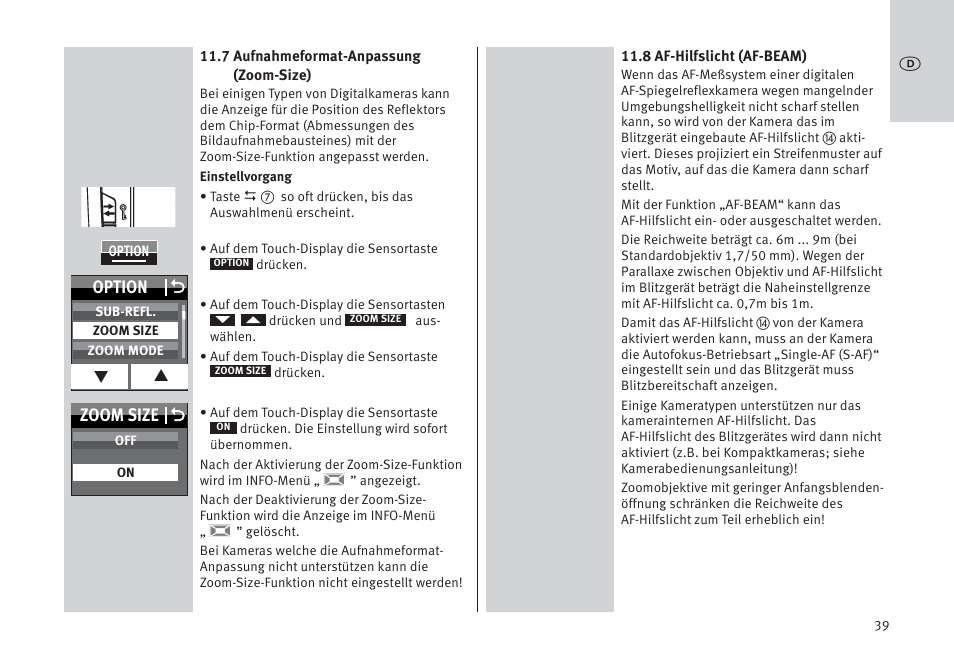 Option o, Zoom size o | Metz MECABLITZ 64 AF-1 digital Pentax User Manual | Page 39 / 326