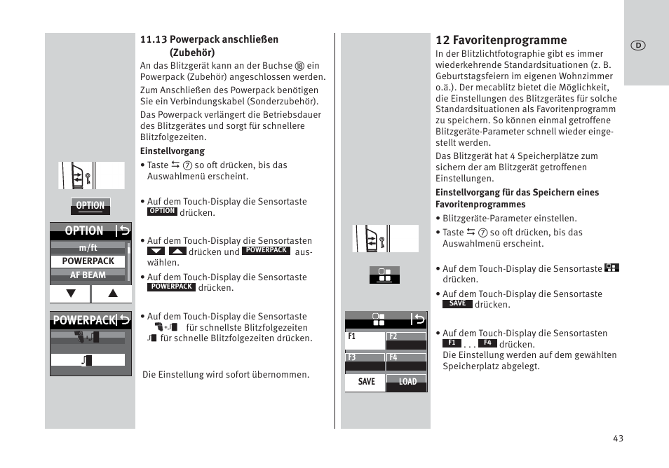 12 favoritenprogramme, Powerpack o option o | Metz MECABLITZ 64 AF-1 digital Pentax User Manual | Page 43 / 326