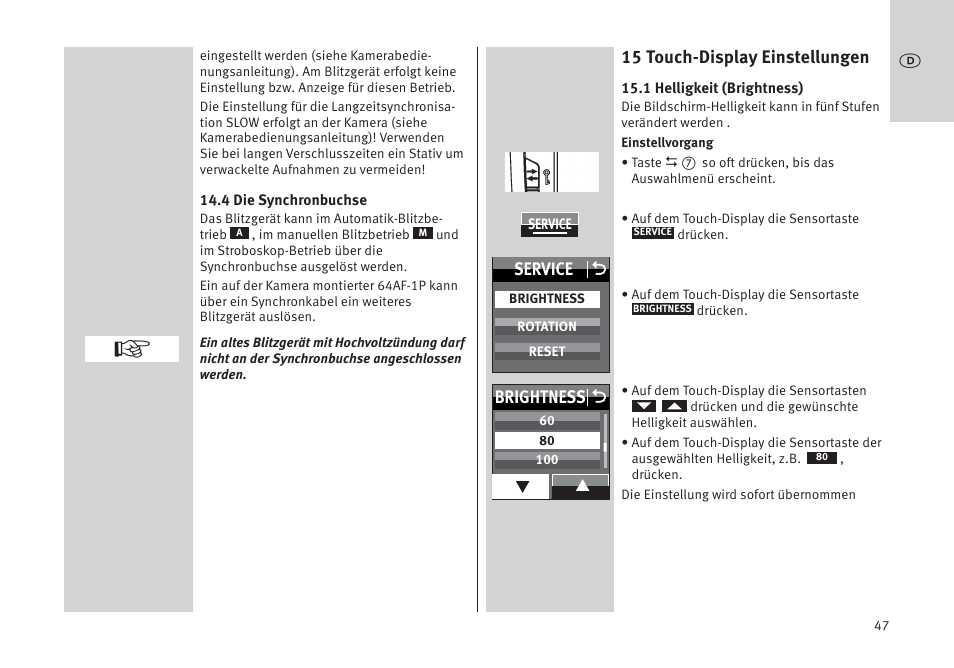 15 touch-display einstellungen, Service o, Brightness o | Metz MECABLITZ 64 AF-1 digital Pentax User Manual | Page 47 / 326