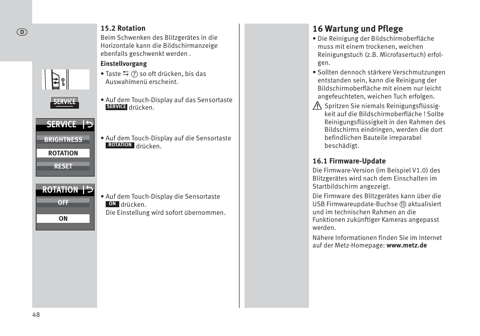 16 wartung und pflege, Service o, Rotation o | Metz MECABLITZ 64 AF-1 digital Pentax User Manual | Page 48 / 326