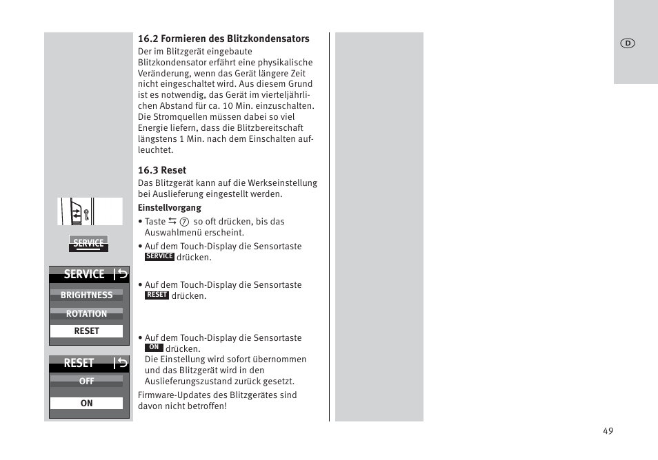 Service o, Reset o | Metz MECABLITZ 64 AF-1 digital Pentax User Manual | Page 49 / 326