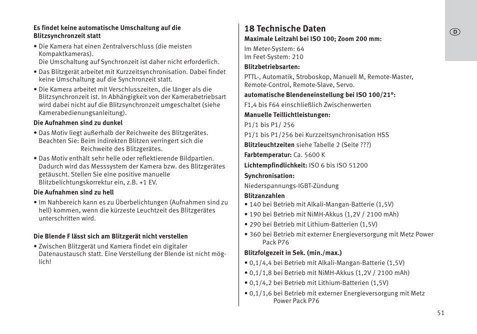 18 technische daten | Metz MECABLITZ 64 AF-1 digital Pentax User Manual | Page 51 / 326