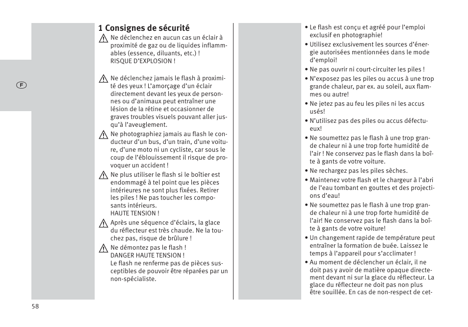 1 consignes de sécurité | Metz MECABLITZ 64 AF-1 digital Pentax User Manual | Page 58 / 326