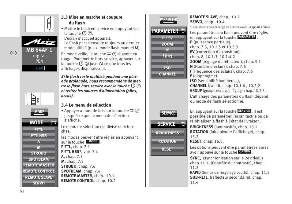 Mb 64af-1, Parameter o, Mode o | Service o | Metz MECABLITZ 64 AF-1 digital Pentax User Manual | Page 62 / 326